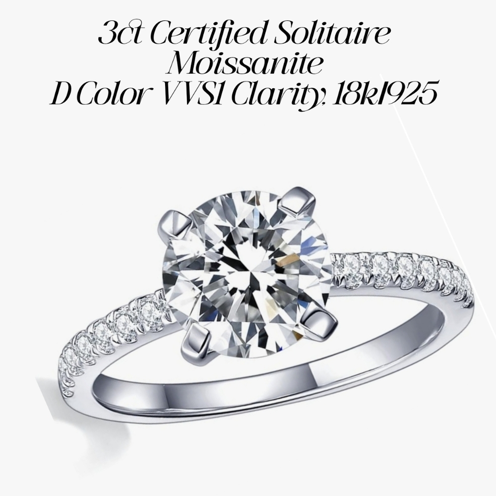 Solitaire Moissanite DIAMOND Engagement Ring, 3CT D Color VVS1 Clarity, 18k 925
